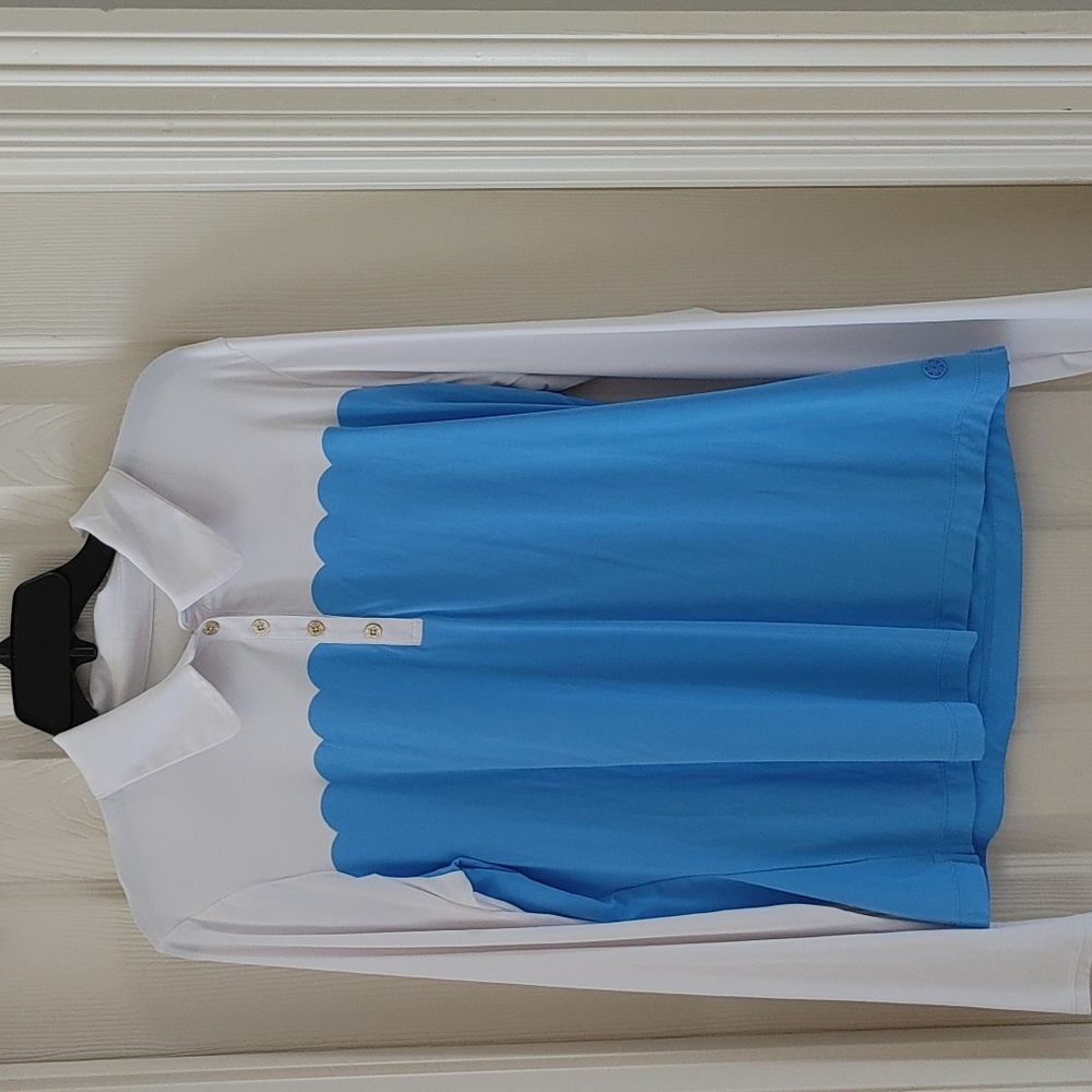 Lilly Pulitzer Frida Long Sleeve Scallop Polo UPF Blue and White Size L